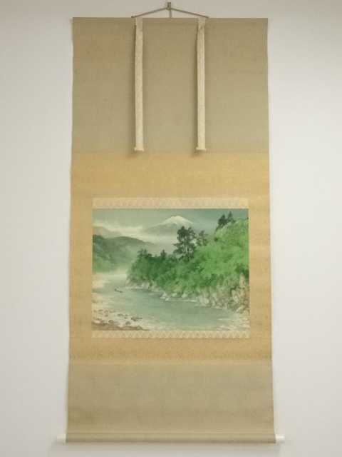 JAPANESE HANGING SCROLL / HAND PAINTED / Mt. FUJI & STREAM